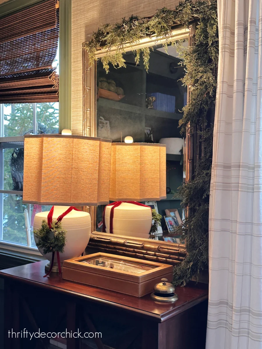 rectangle mirror above office cabinet